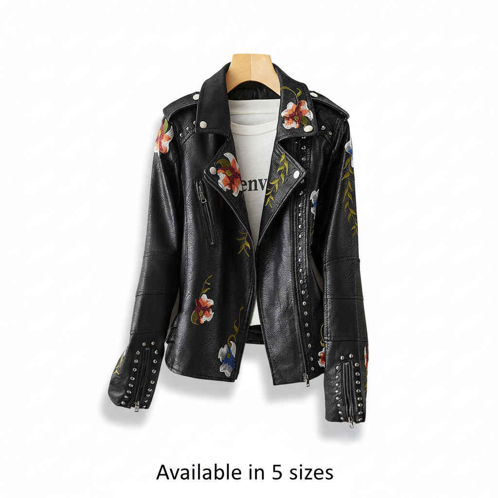 Close-up of women's Martina leather biker jacket showcasing detailed floral embroidery and craftsmanship.