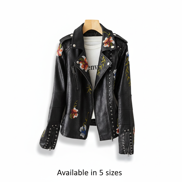 Close-up of women's Martina leather biker jacket showcasing detailed floral embroidery and craftsmanship.
