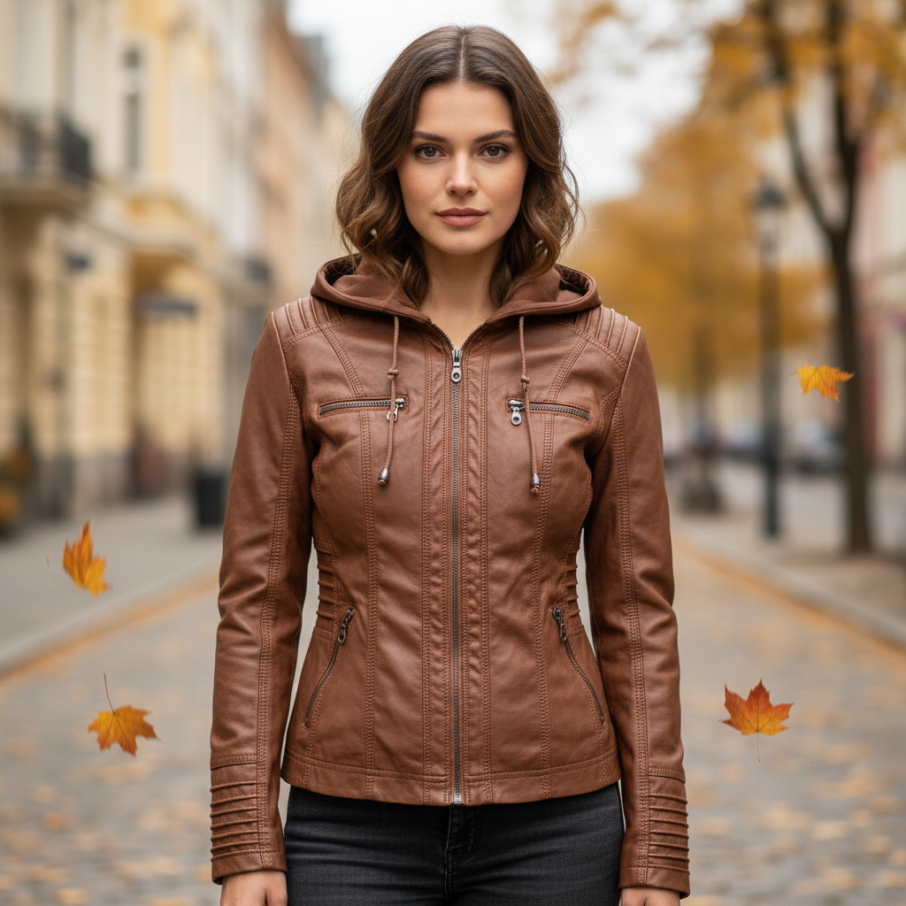 Women's black leather jacket with hood, front view, perfect for stylish autumn and winter fashion