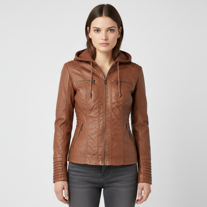 Close-up of a hooded women's leather jacket zipper, showcasing high-quality material and casual style