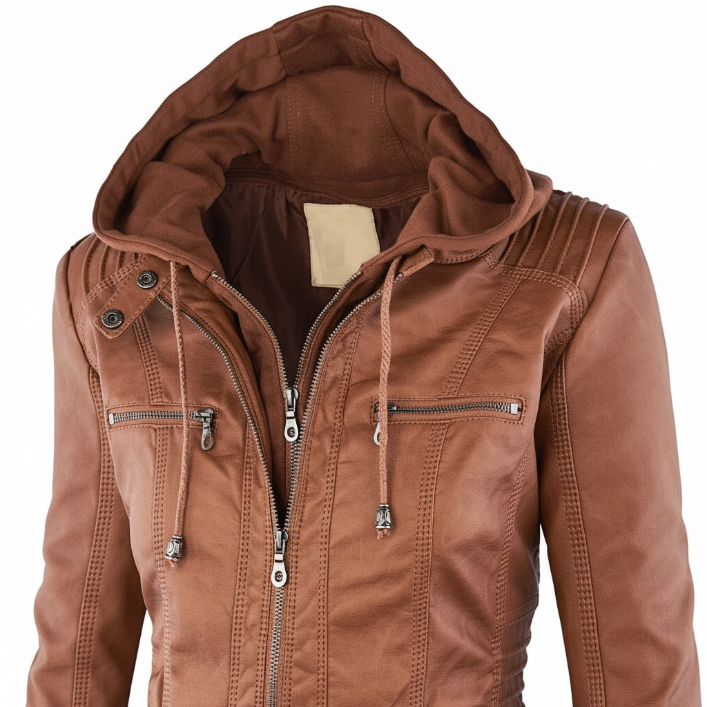 Woman wearing a modern hooded leather jacket outdoors, ideal for fall fashion and everyday outerwear