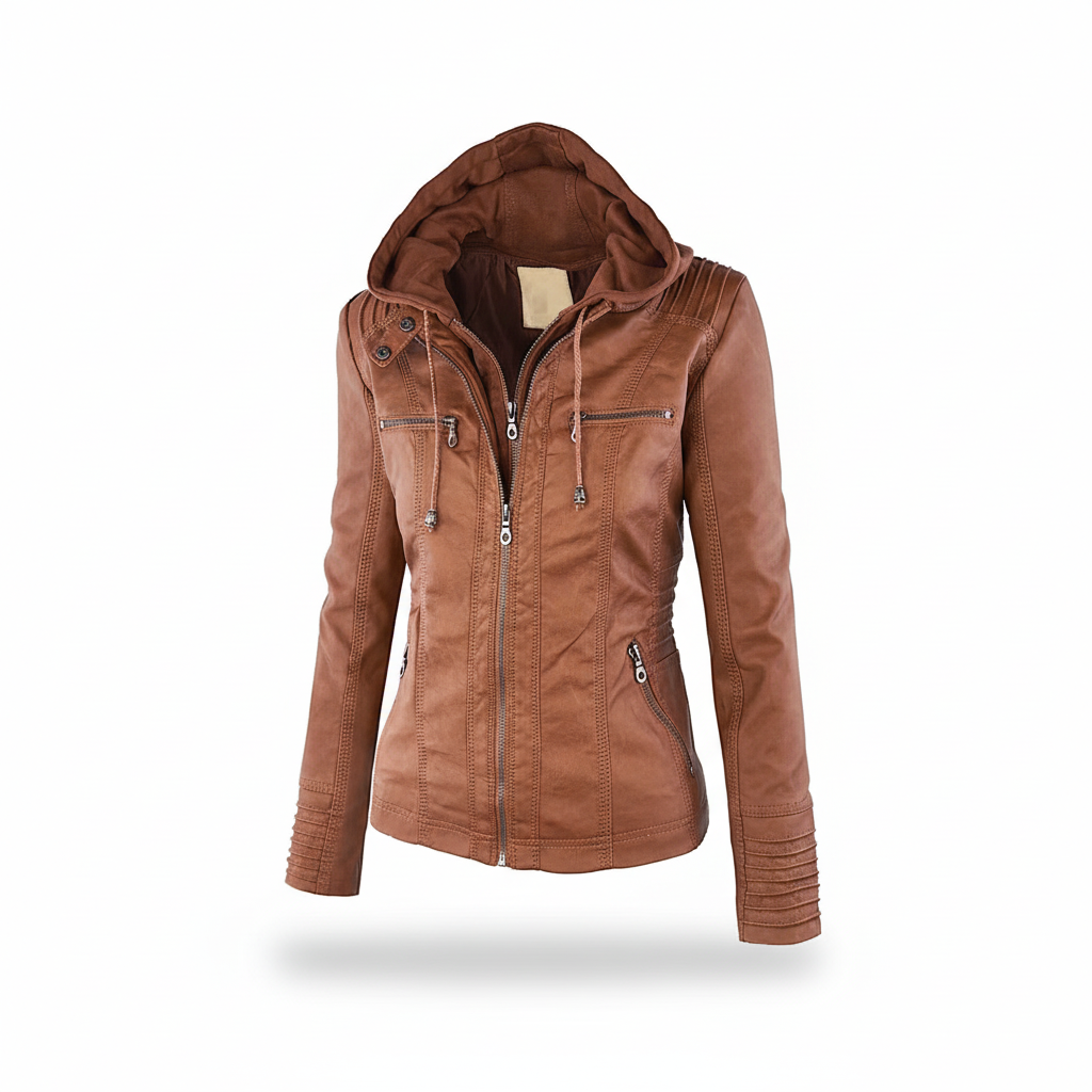 Side view of a women's black leather jacket with hood, emphasizing its comfortable and stylish design