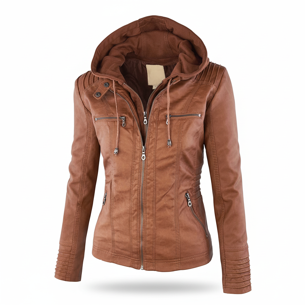 Detailed shot of the hood on a women's leather jacket, highlighting its cozy and practical feature