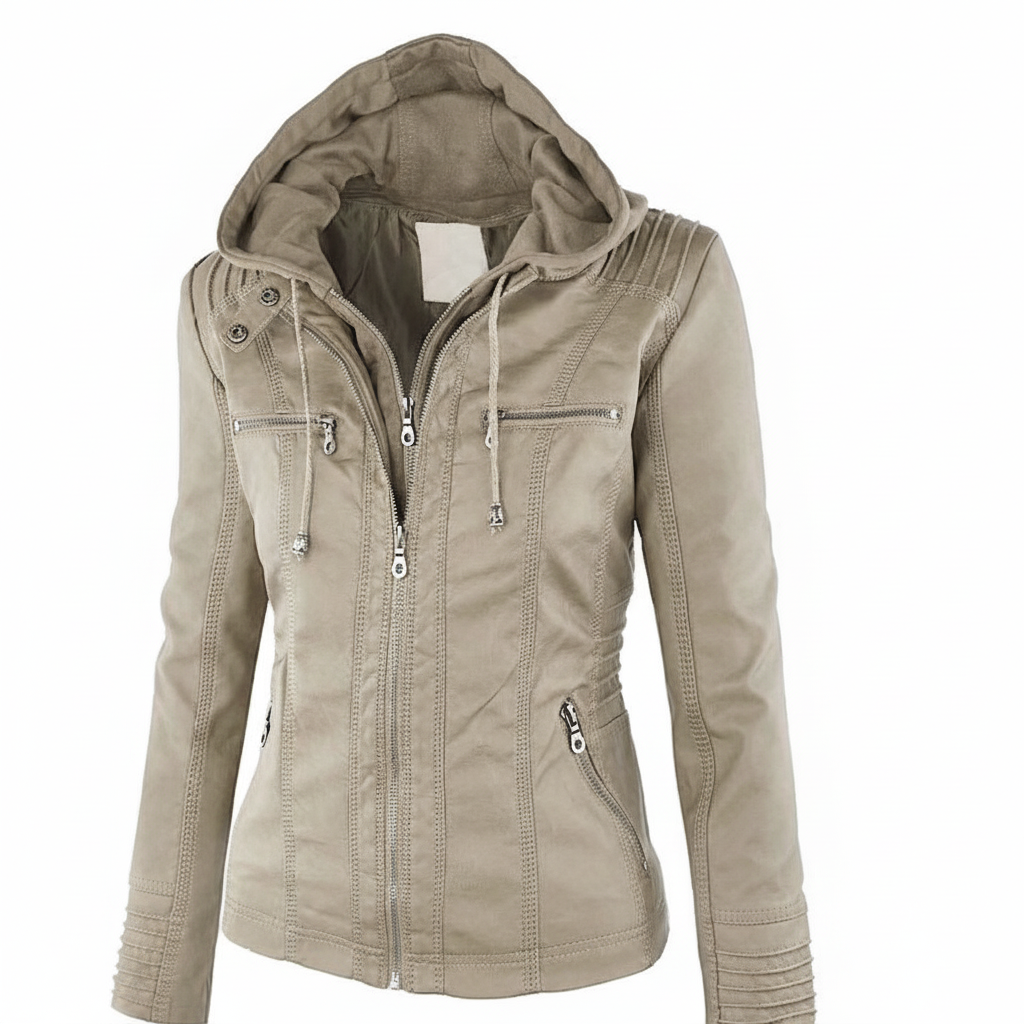 Women's leather jacket with hood draped on a hanger, presenting a timeless and versatile outerwear piece