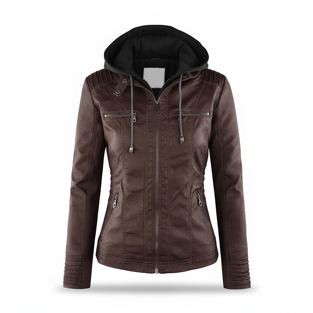 Back view of a hooded women's leather jacket, showing off its sleek cut and contemporary appeal