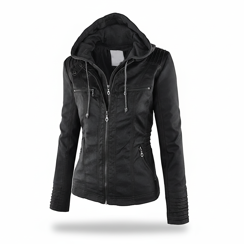 Stylish women's leather jacket with hood, a must-have for winter and autumn casual fashion looks