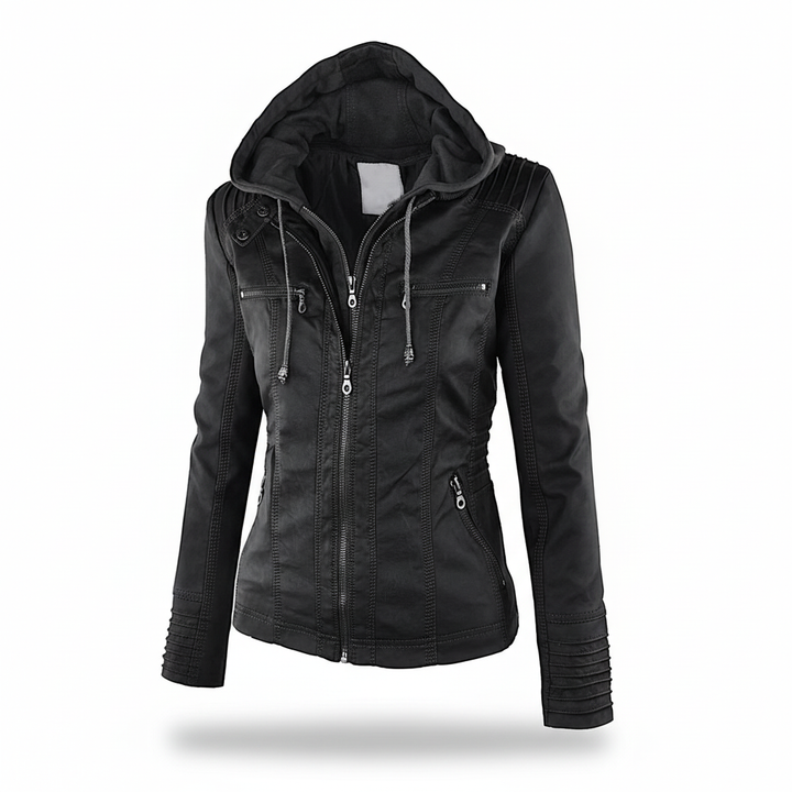Stylish women's leather jacket with hood, a must-have for winter and autumn casual fashion looks