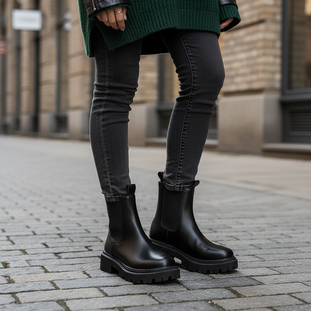 Women's black leather round toe Chelsea boots with back zipper, perfect for casual winter fashion.