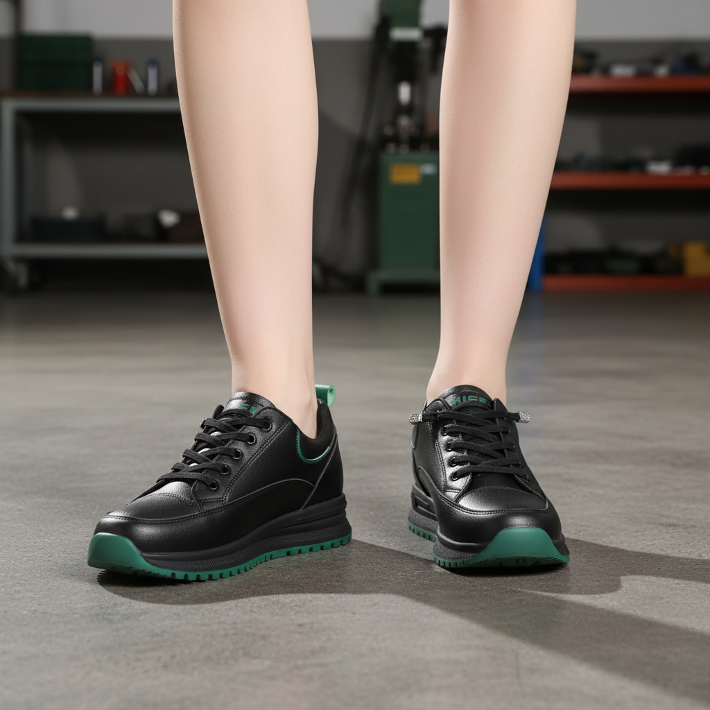Women's black leather waterproof anti-slip sneakers with profiled rubber sole, ideal for work in autumn/winter