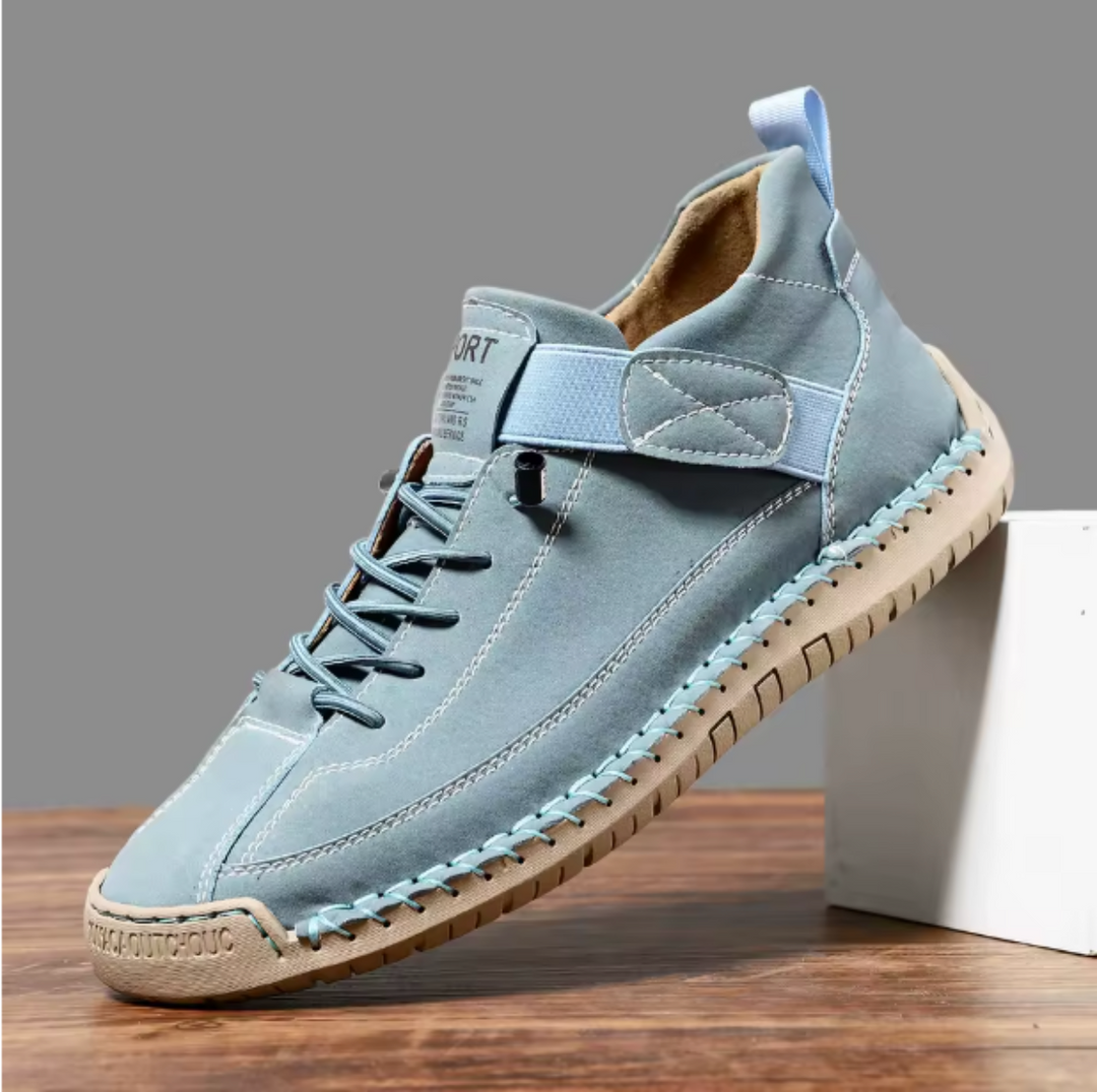 Woman's feet wearing comfortable lightweight slip-on walking sneakers, perfect for daily errands.