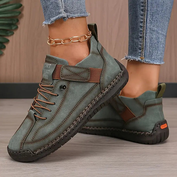 Woman walking in lightweight blue slip-on sneakers, enjoying daily comfort & casual athletic wear.