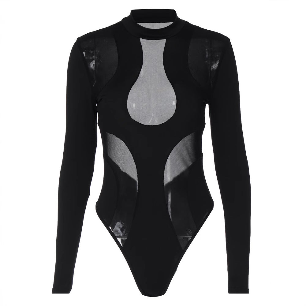 Bold women's black long sleeve bodysuit with intricate cut-outs, elegant mesh details, and a high neck design.
