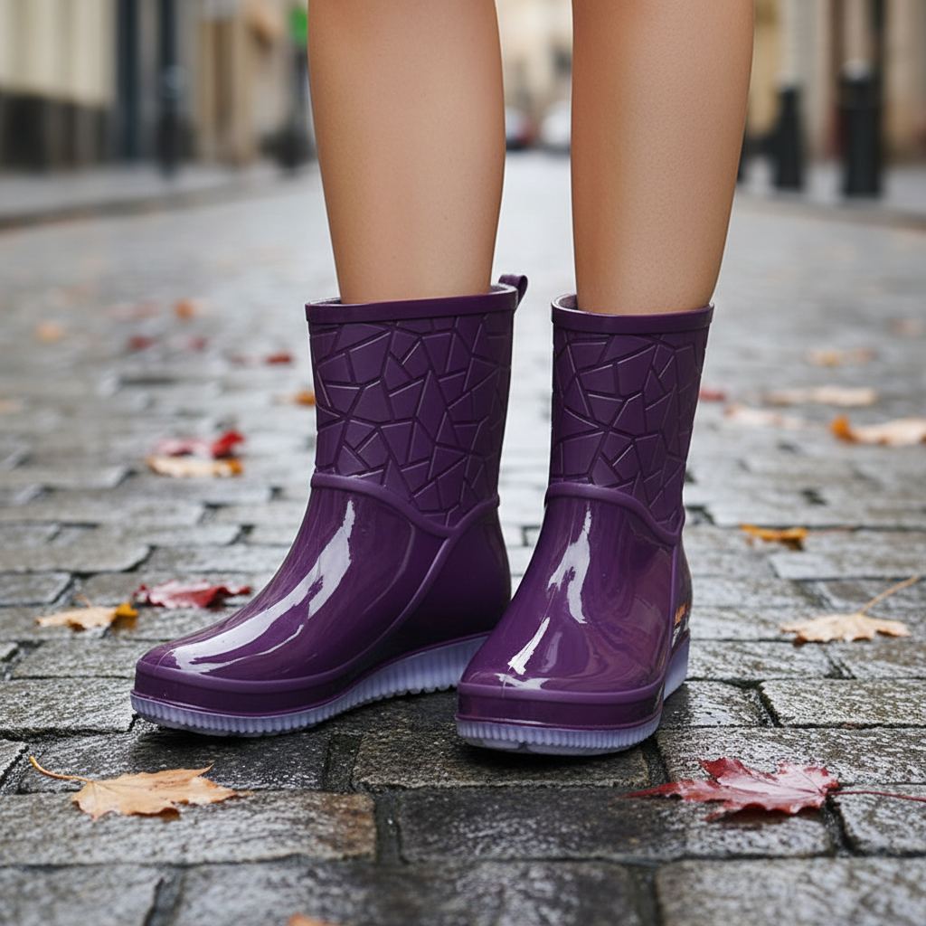 Women's black mid-calf waterproof rain boots, anti-slip sole, stylish autumn footwear