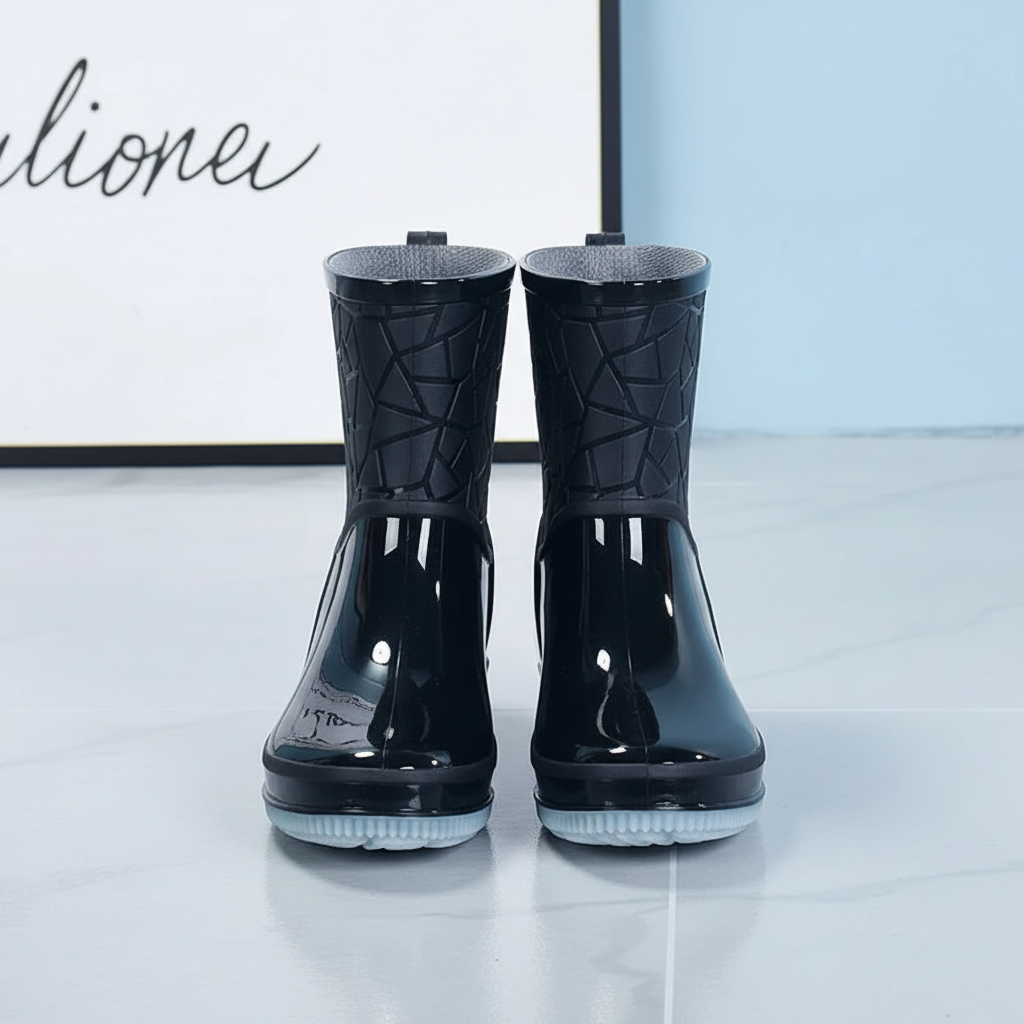 Close-up of women's mid-calf rain boot showing waterproof material and anti-slip sole detail