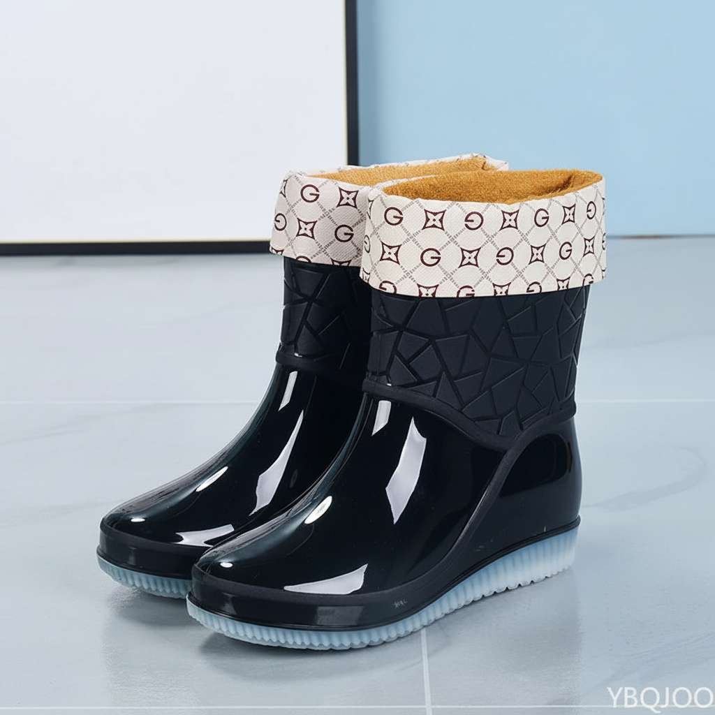 Model wearing women's black mid-calf rain boots, showcasing fashionable autumn footwear