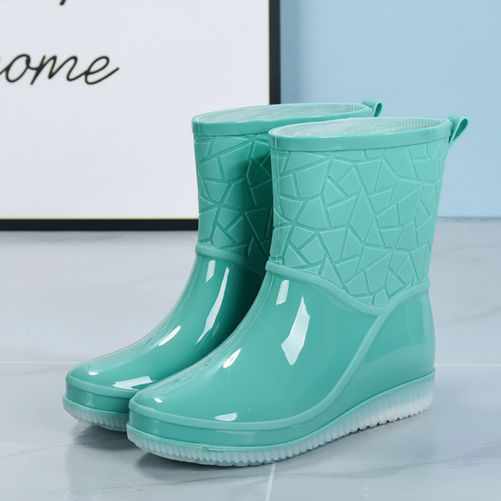 Stylish black mid-calf rain boots for women, excellent waterproof and anti-slip performance