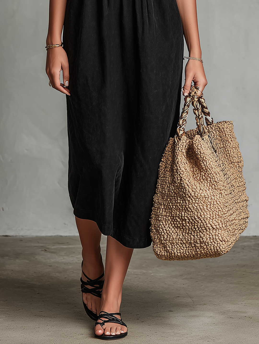 Elegant women's sleeveless black midi dress, ideal for summer vacation or casual wear, with beautiful floral embroidery.