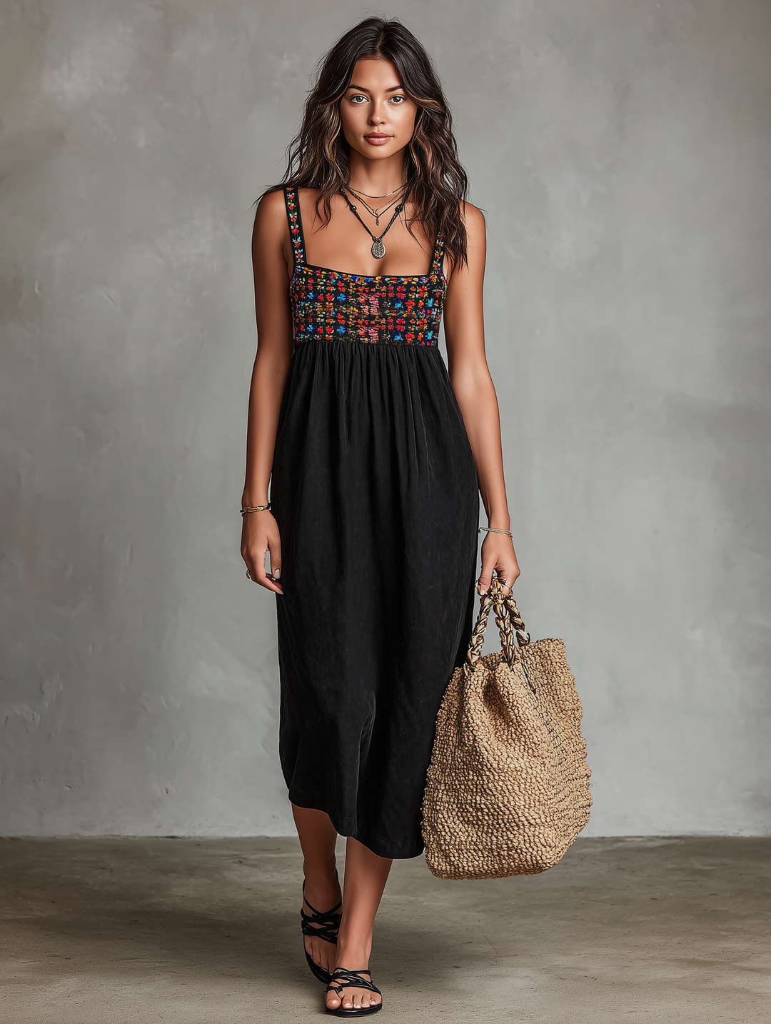 Stylish women's black square neck midi dress with exquisite floral embroidery, a versatile choice for any occasion.