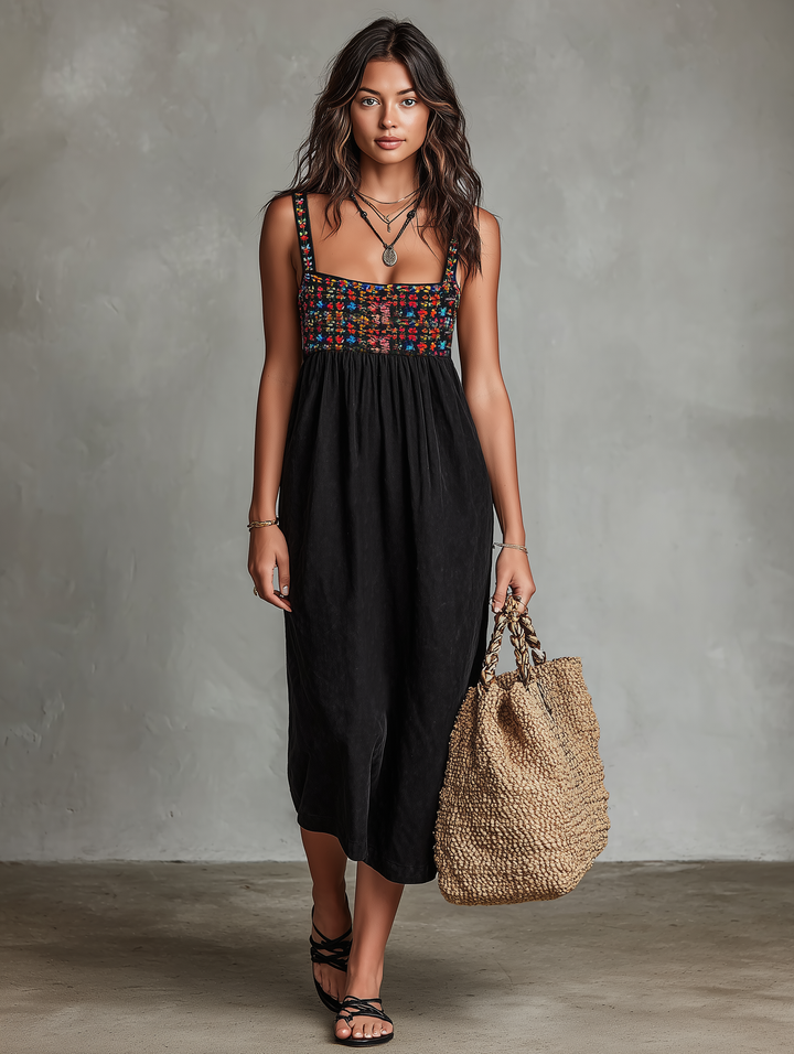 Stylish women's black square neck midi dress with exquisite floral embroidery, a versatile choice for any occasion.