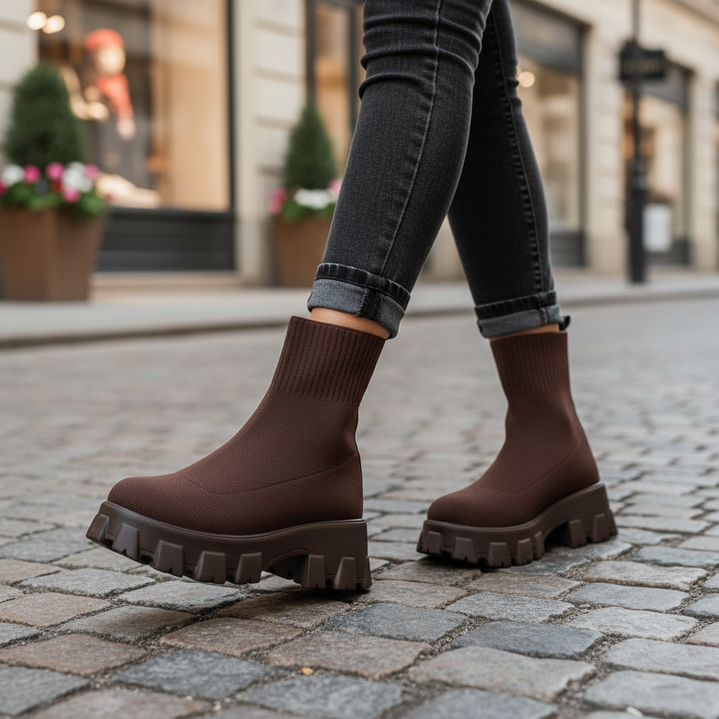 Women's black modern platform ankle boots with chunky heel, ideal for fashion footwear.
