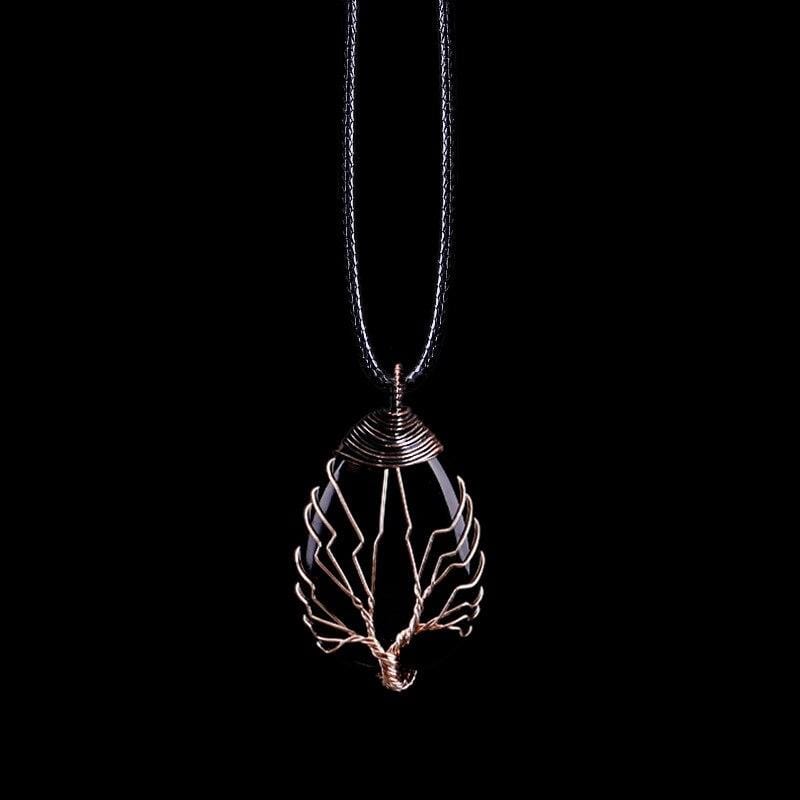 Women's black obsidian drop pendant necklace, a polished protection gemstone for daily wear. Boho style accessory.