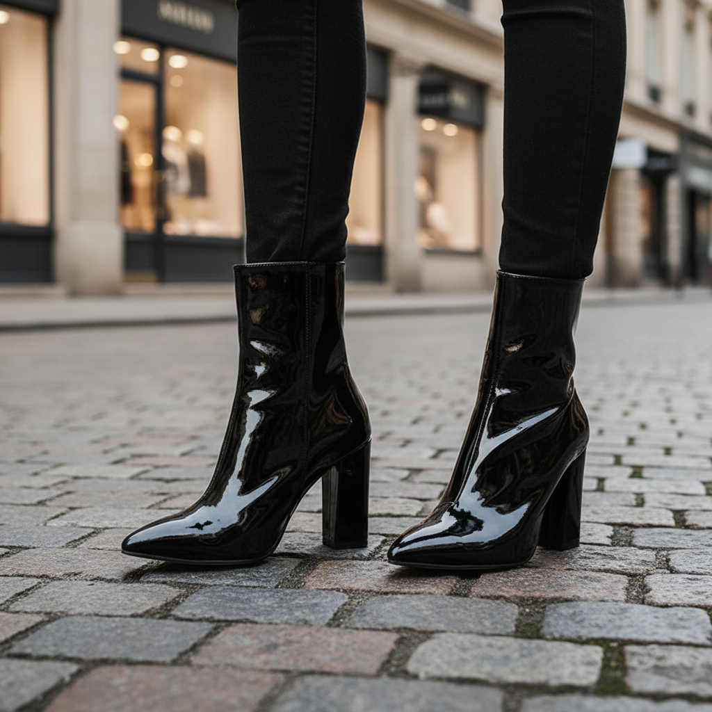 Women's black patent leather ankle boots, elegant with a sturdy block heel and side zip closure, ideal for autumn winter fashion.
