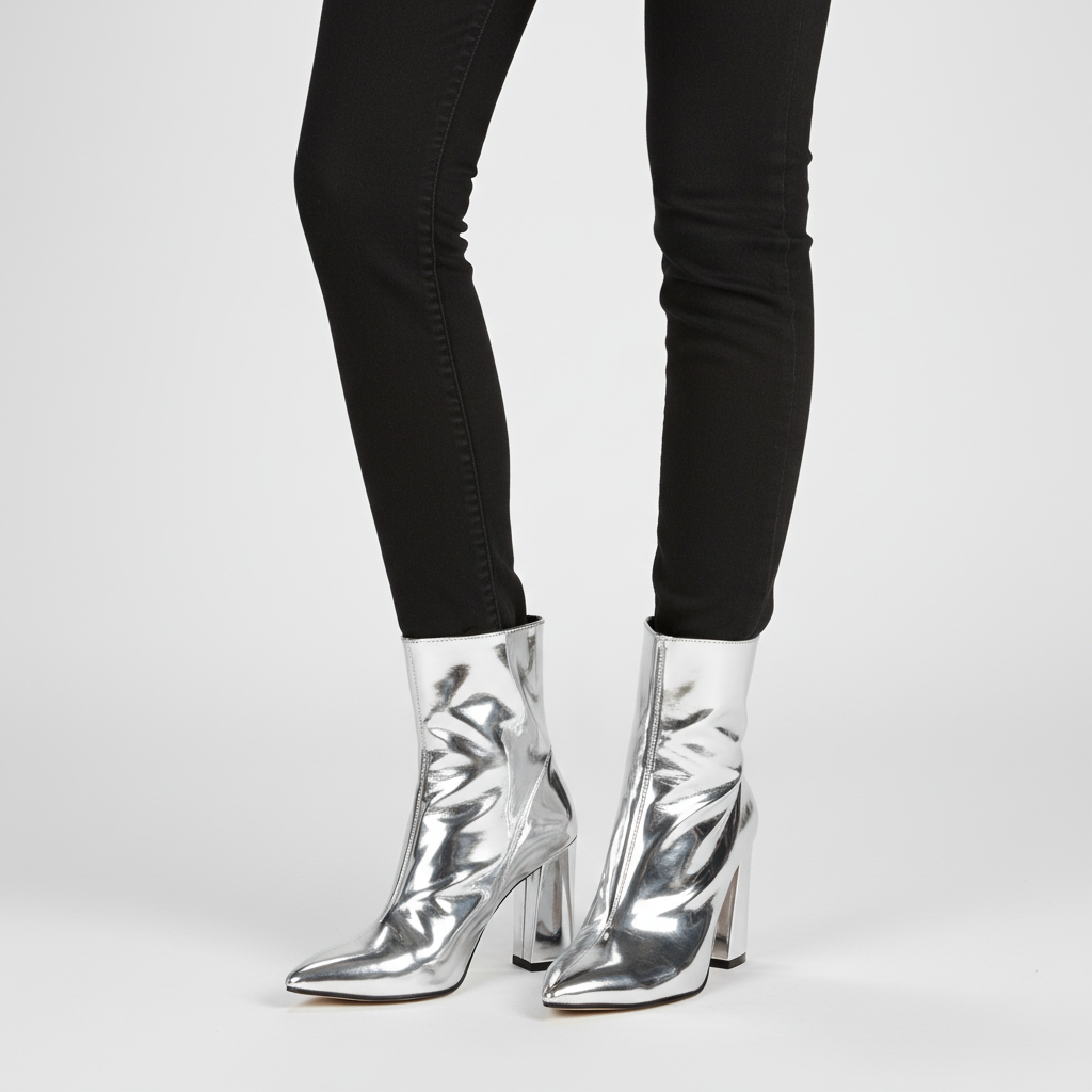 Detailed shot of the block heel and patent leather finish on women's chic autumn winter ankle boots with side zip.