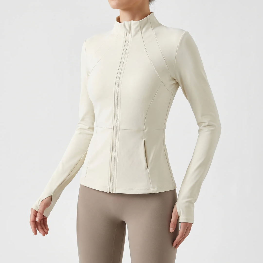 Lightweight women's activewear jacket with thumbholes, perfect for fitness, gym, and sports.