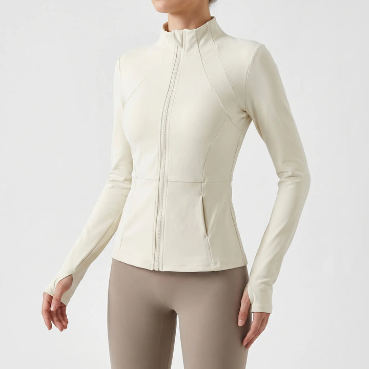 Lightweight women's activewear jacket with thumbholes, perfect for fitness, gym, and sports.