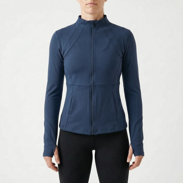 Model wearing women's fitness jacket with thumbholes, designed for active women and gym training.