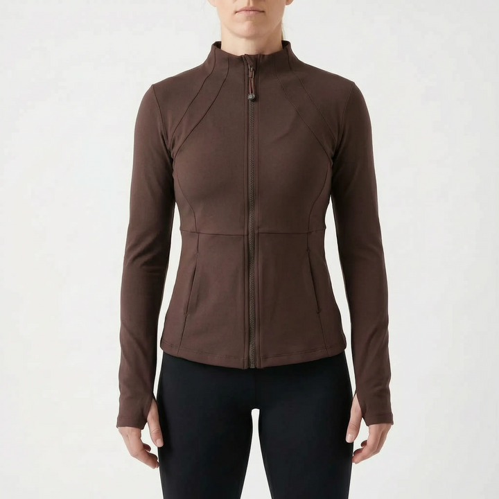 Versatile women's sports jacket with thumbholes, great for layering during various outdoor activities.