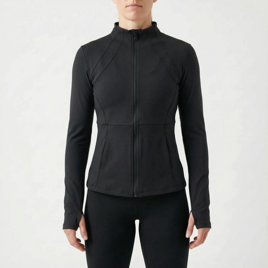Women's premium performance jacket with thumbholes, essential activewear for women's fitness.