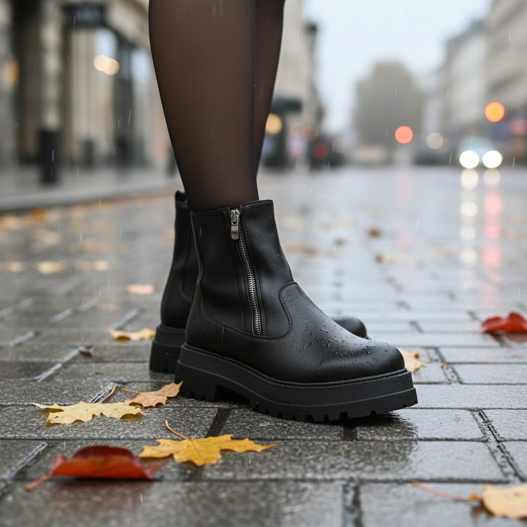 Women's black platform Chelsea boots with warm lining, anti-slip sole, and vegan leather finish