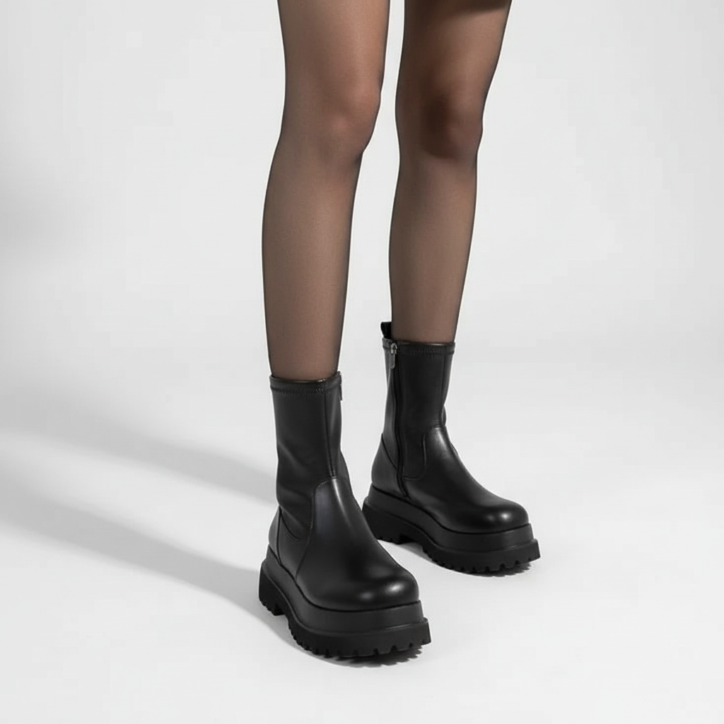 Stylish women's black platform Chelsea boots, slip-on design, perfect for winter and autumn fashion