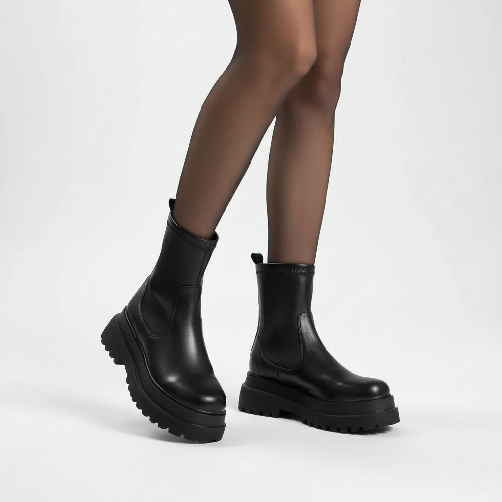 Antonia women's black platform Chelsea boots, warm lined for winter, durable vegan leather
