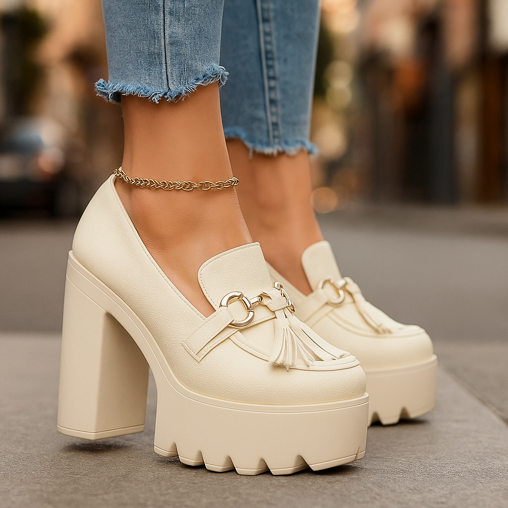 Comfortable women's platform loafers, slip-on. Features a chunky heel & stylish buckle for work.