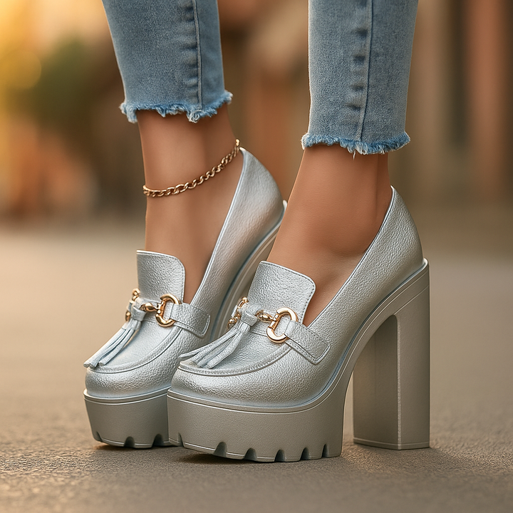 Elegant women's platform loafers with a chic buckle detail & cushioned sole. Ideal for dress or casual wear.