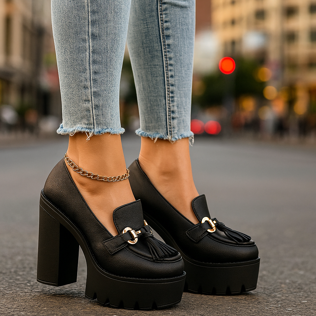 Black platform loafers for women, featuring a prominent buckle. Orthopedic comfort & fashionable chunky heel.