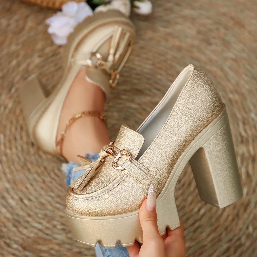 Everyday wear women's platform loafers, cushioned support. Elegant buckle & fashionable slip-on design.
