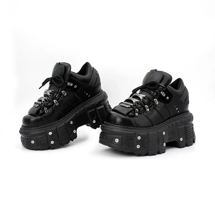 Statement women's gothic platform shoes with distinctive nail-studded soles, ideal for edgy punk style.