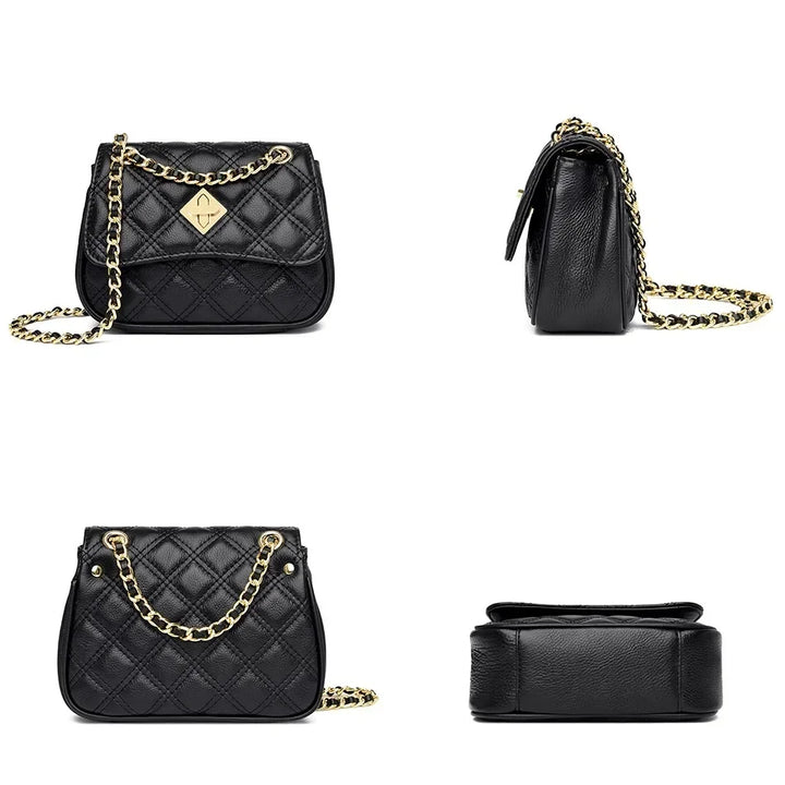 Elegant women's quilted genuine leather crossbody bag with a secure closure and adjustable strap.