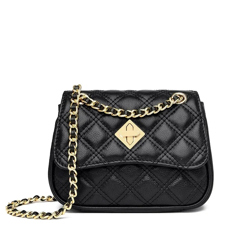 Premium genuine leather quilted crossbody bag for women, a stylish and compact shoulder purse.