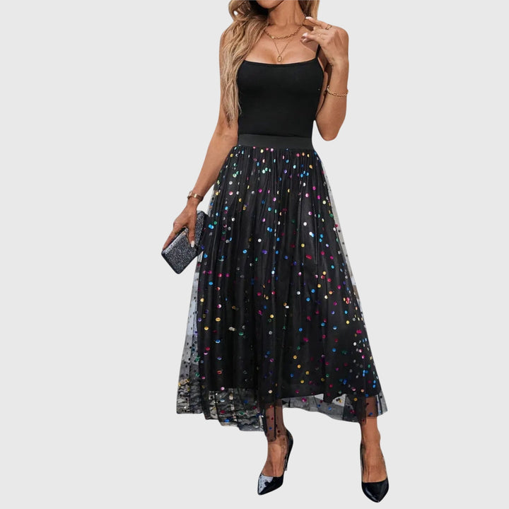 Women's black sequin midi skirt with a high waist, elegant tulle, and asymmetric hem. Perfect for evening wear.
