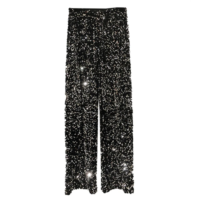 Women's black shimmering high-waisted party pants, perfect for an evening out.
