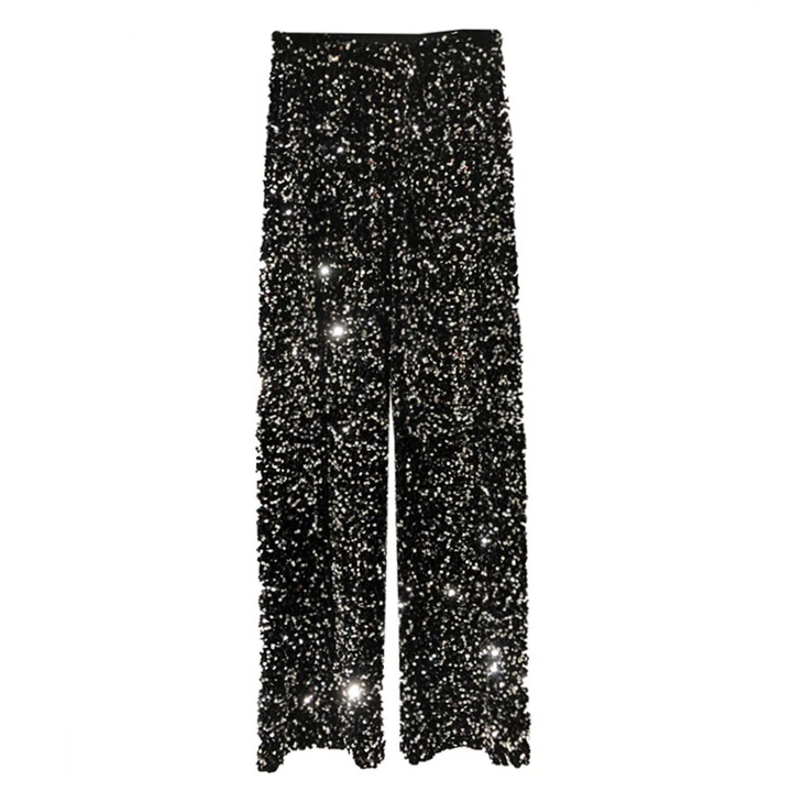 Women's black shimmering high-waisted party pants, perfect for an evening out.