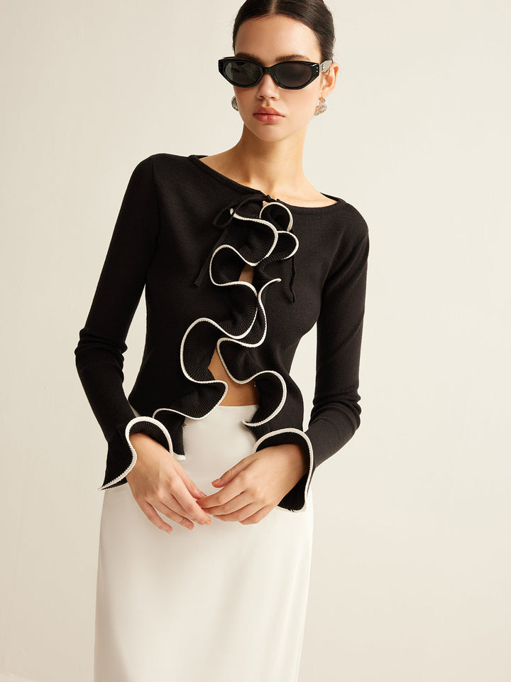 Isabella Women's Black Skinny Ruffle Cardigan. Elegant, comfortable & fashionable slim-fit design.