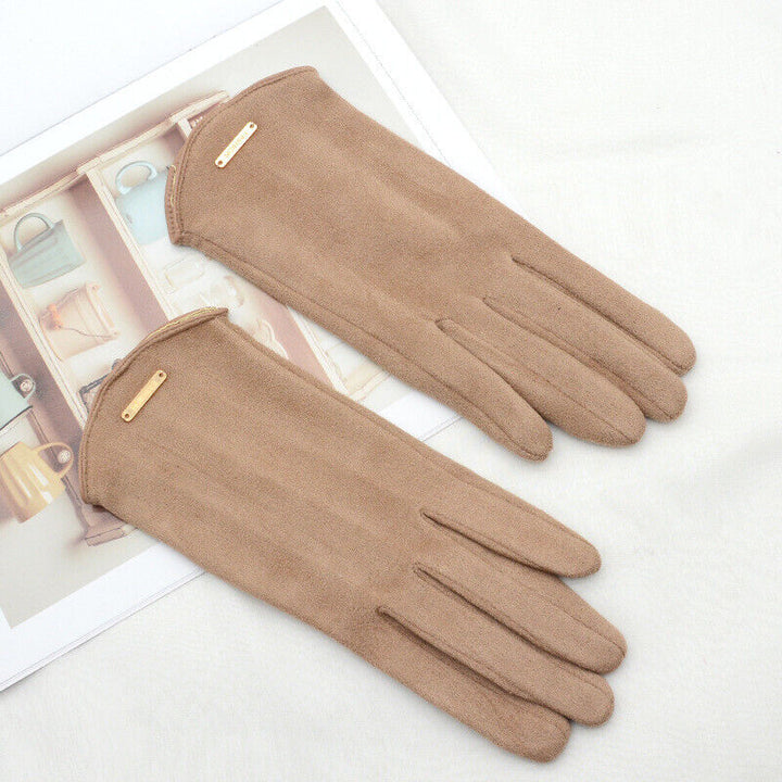 Women's black suede cashmere-lined touchscreen gloves for winter warmth and tech use