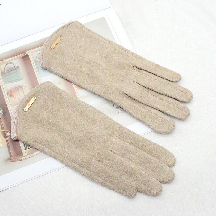 Stylish women's brown suede gloves with soft cashmere lining, touchscreen compatible