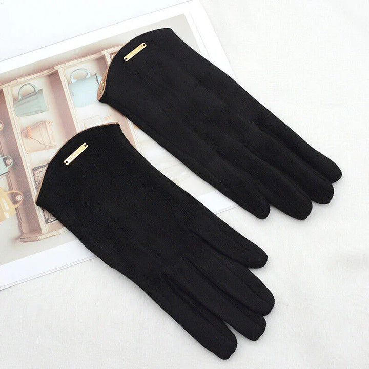 Fashionable grey suede women's gloves, cashmere lined for warmth, works with smartphones