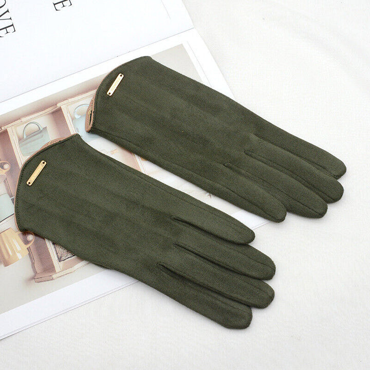 Pair of women's luxurious suede gloves, cashmere lining visible, perfect for winter and tech